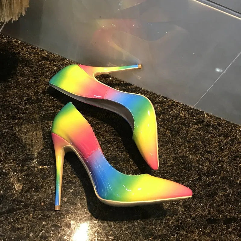 Rainbow multicolour patent leather women's high heels with pointed toe and thin ultra-high heel
