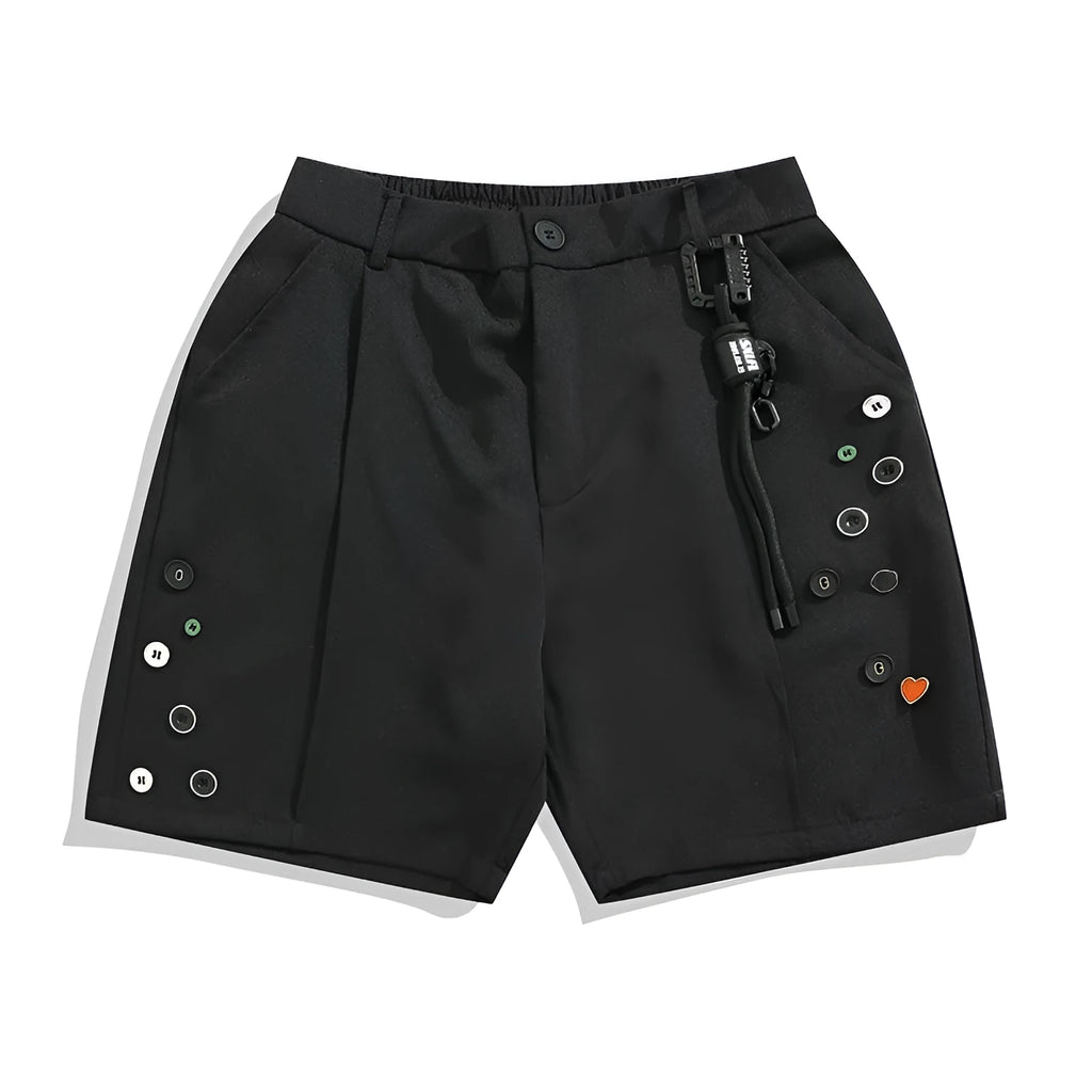 Black men's casual shorts with a semi-elastic waistband and zip fly, shown with a loose, straight-leg fit.