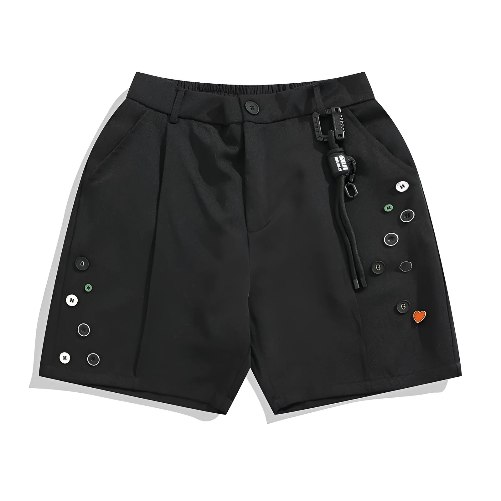 Black men's casual shorts with a semi-elastic waistband and zip fly, shown with a loose, straight-leg fit.
