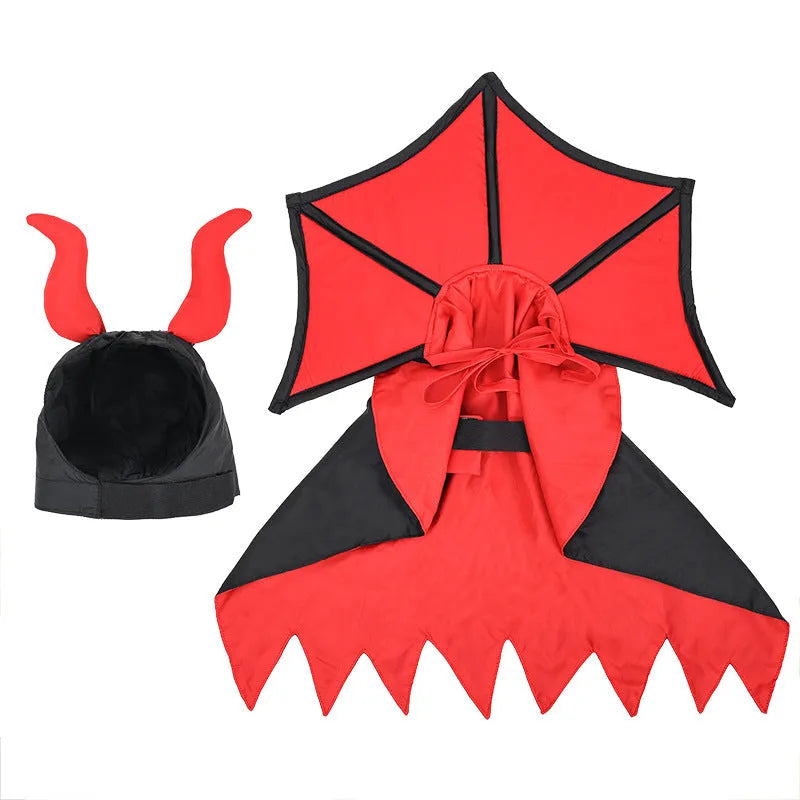 Black vampire cloak and matching hat costume for a small dog or cat on Halloween.