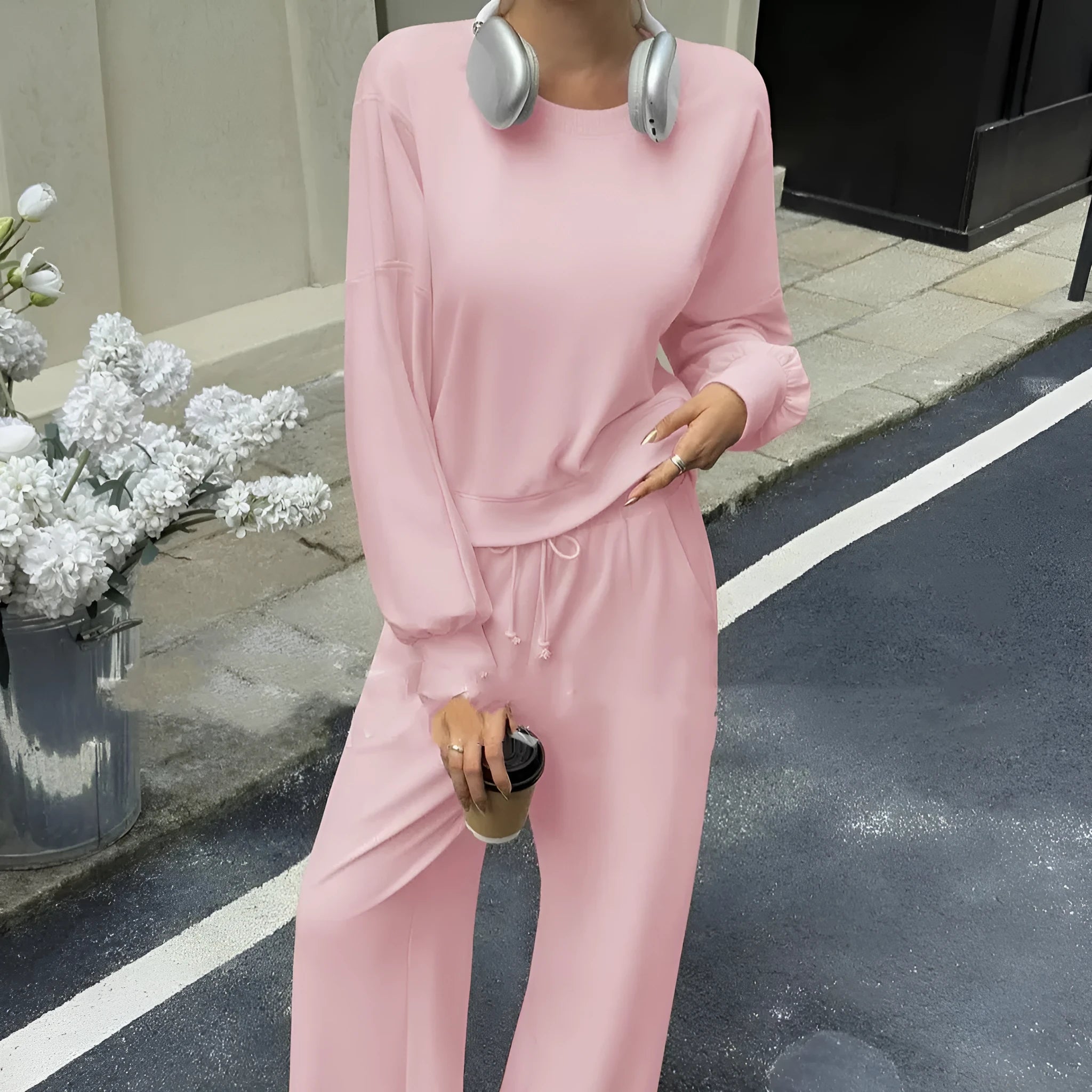 Women's solid colour polyester two-piece trousers set with long sleeves
