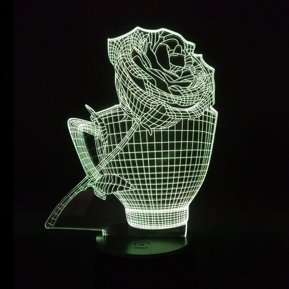 3D rose flower design night light showing colour-changing LEDs on acrylic panel with black ABS base.