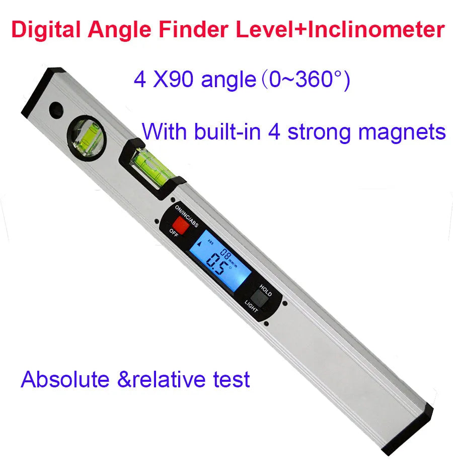 Digital magnetic angle meter with 400mm ruler, flip-up LCD screen, and 4 built-in magnets on black base