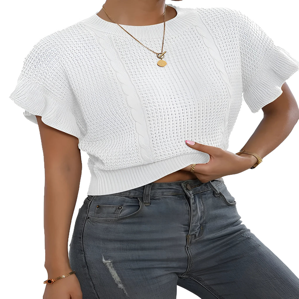 Women's twisted string design knitted pullover sweater with ruffled sleeves in loose fit casual style