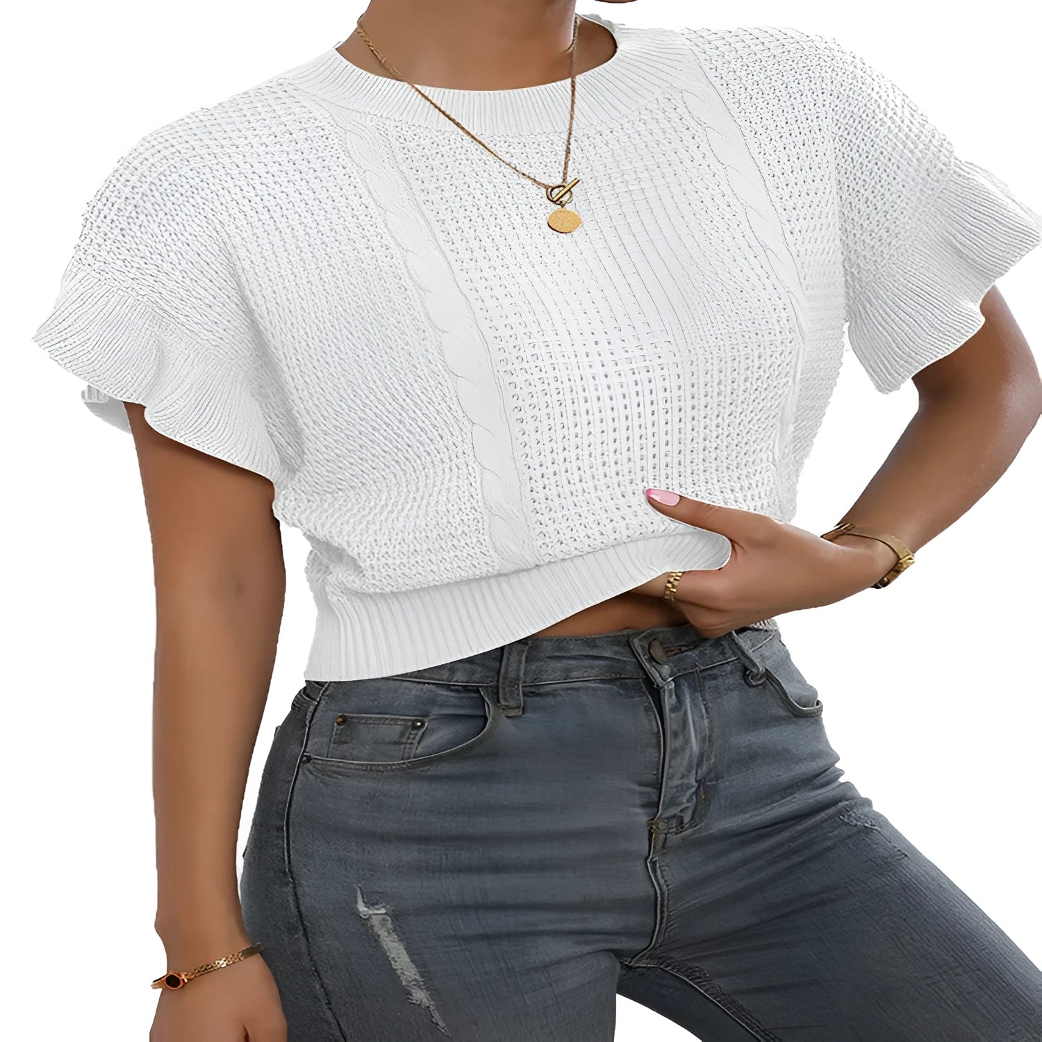 Women's twisted string design knitted pullover sweater with ruffled sleeves in loose fit casual style