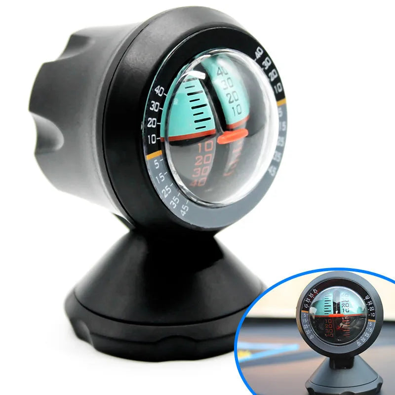 Black vehicle mounted slope meter for measuring inclination and rotation angles on dashboard.