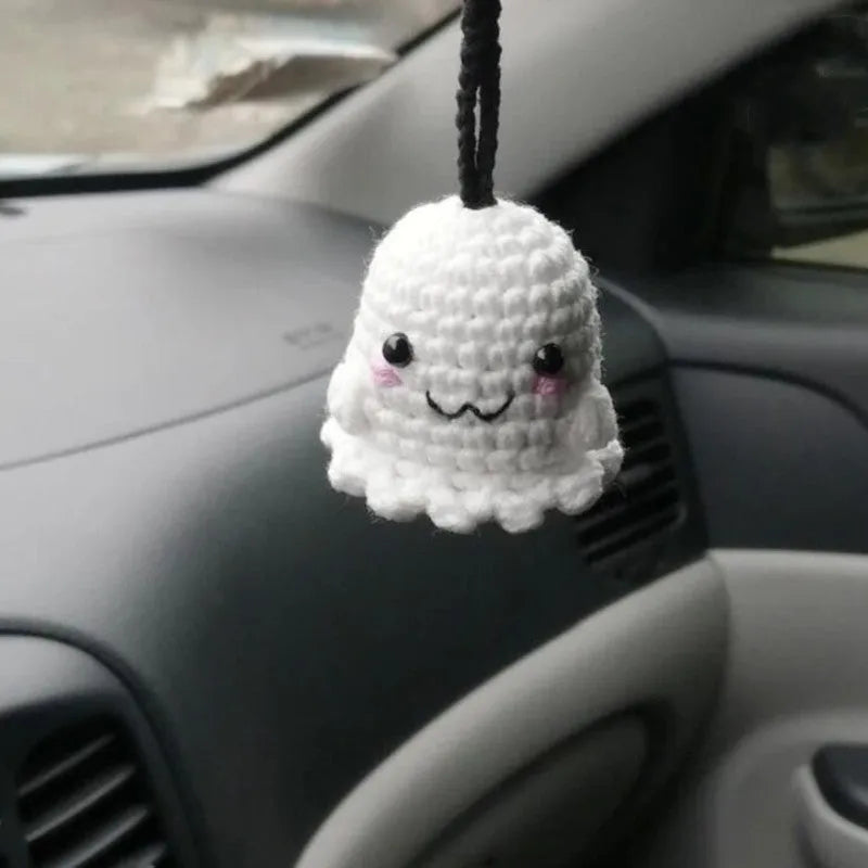 Polyester plush hand-woven cartoon automobile hanging ornament showing Halloween bat and ghost designs.