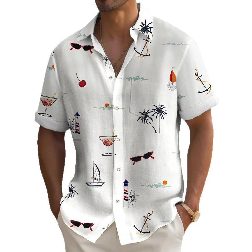 Man wearing a colourful digitally printed Hawaiian shirt with a loose fit and short sleeves.