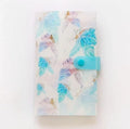 Blue PVC and PP business card holder book with protective shell and smile logo, showing insert pocket.