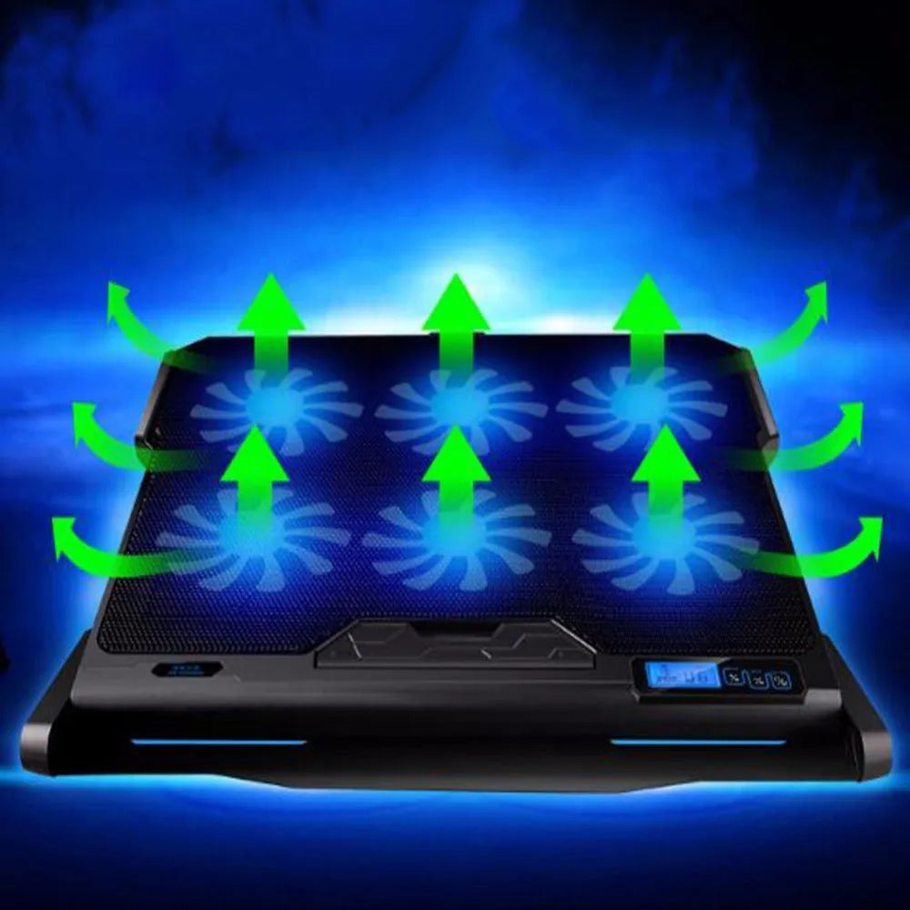 Laptop cooling board with metal mesh construction and LCD display showing speed controls