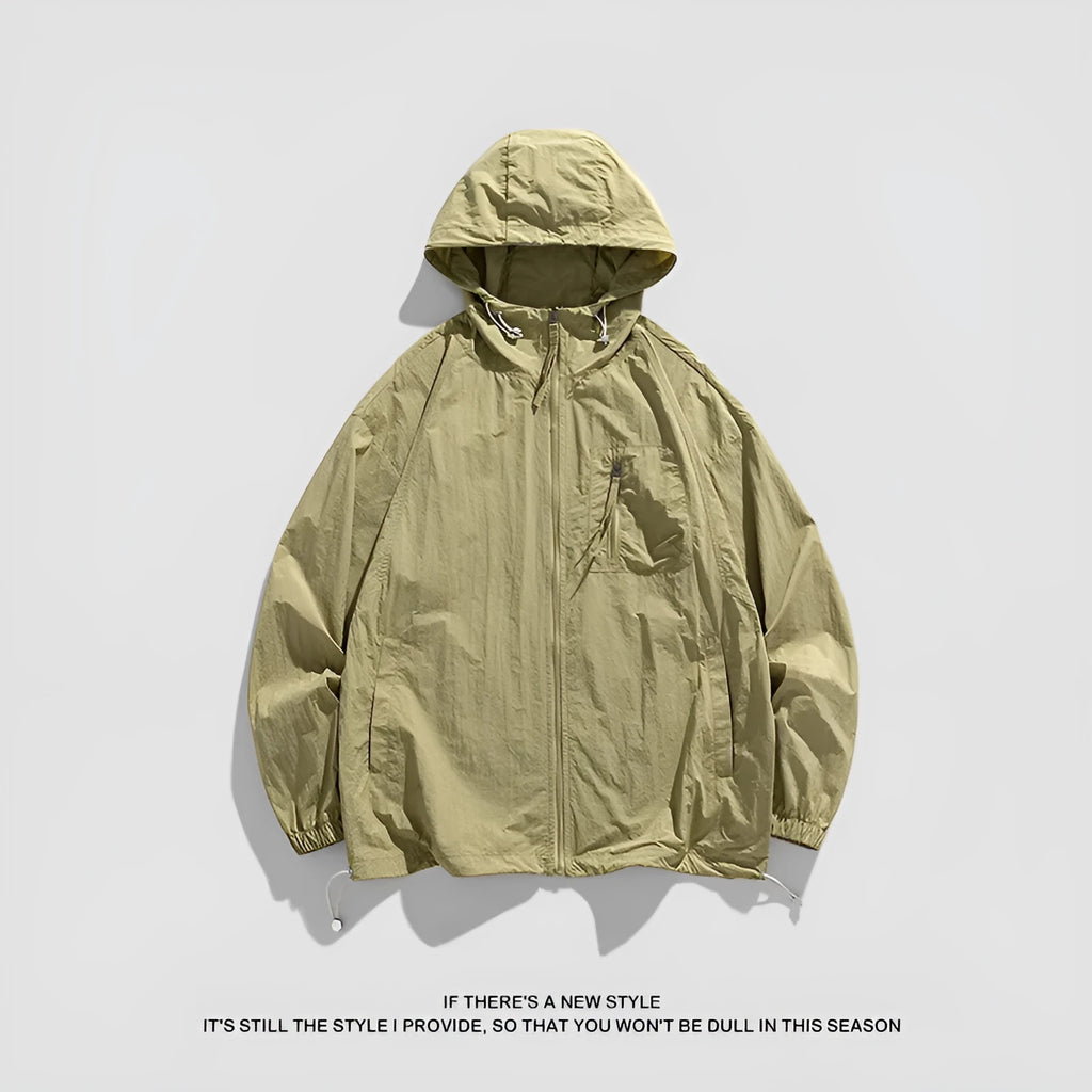 Lightweight hooded zip-up jacket for sun protection in Lycra spandex fabric.