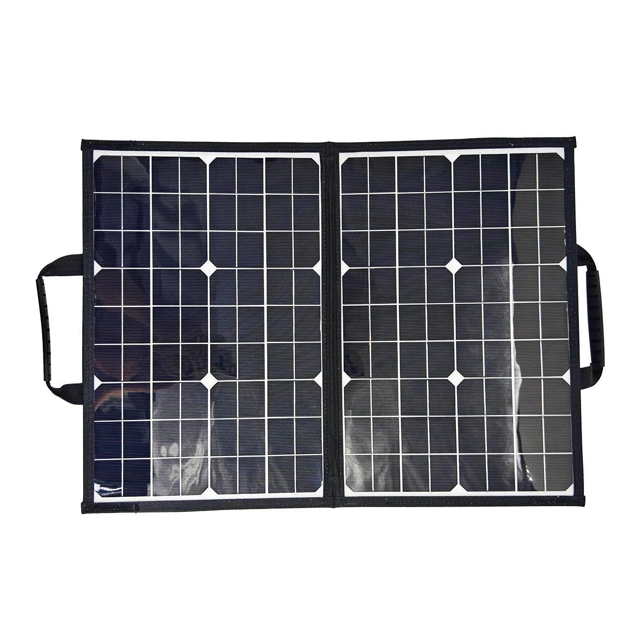 Black folding 40-watt monocrystalline solar panel bag shown both open and closed to 8cm thickness.
