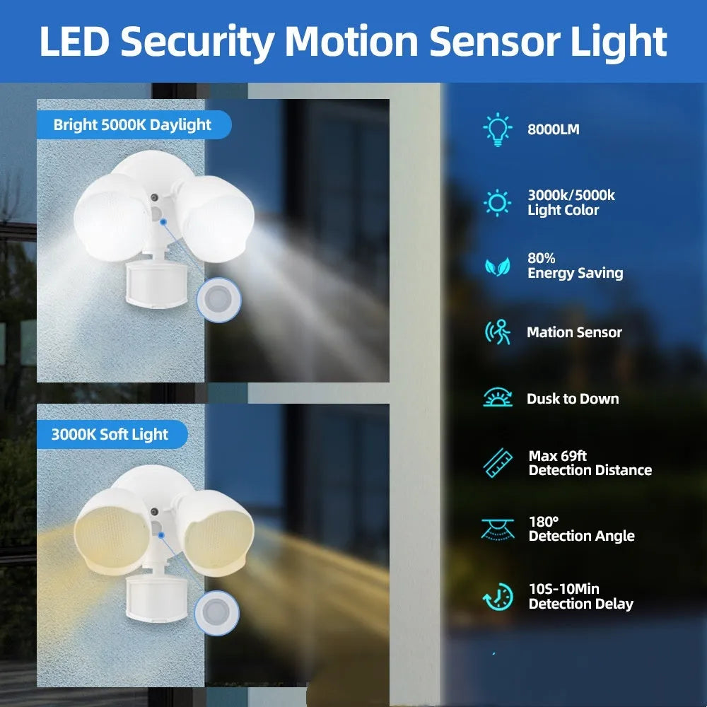 White rectangular LED security floodlight with PIR sensor, shown mounted on an exterior wall.