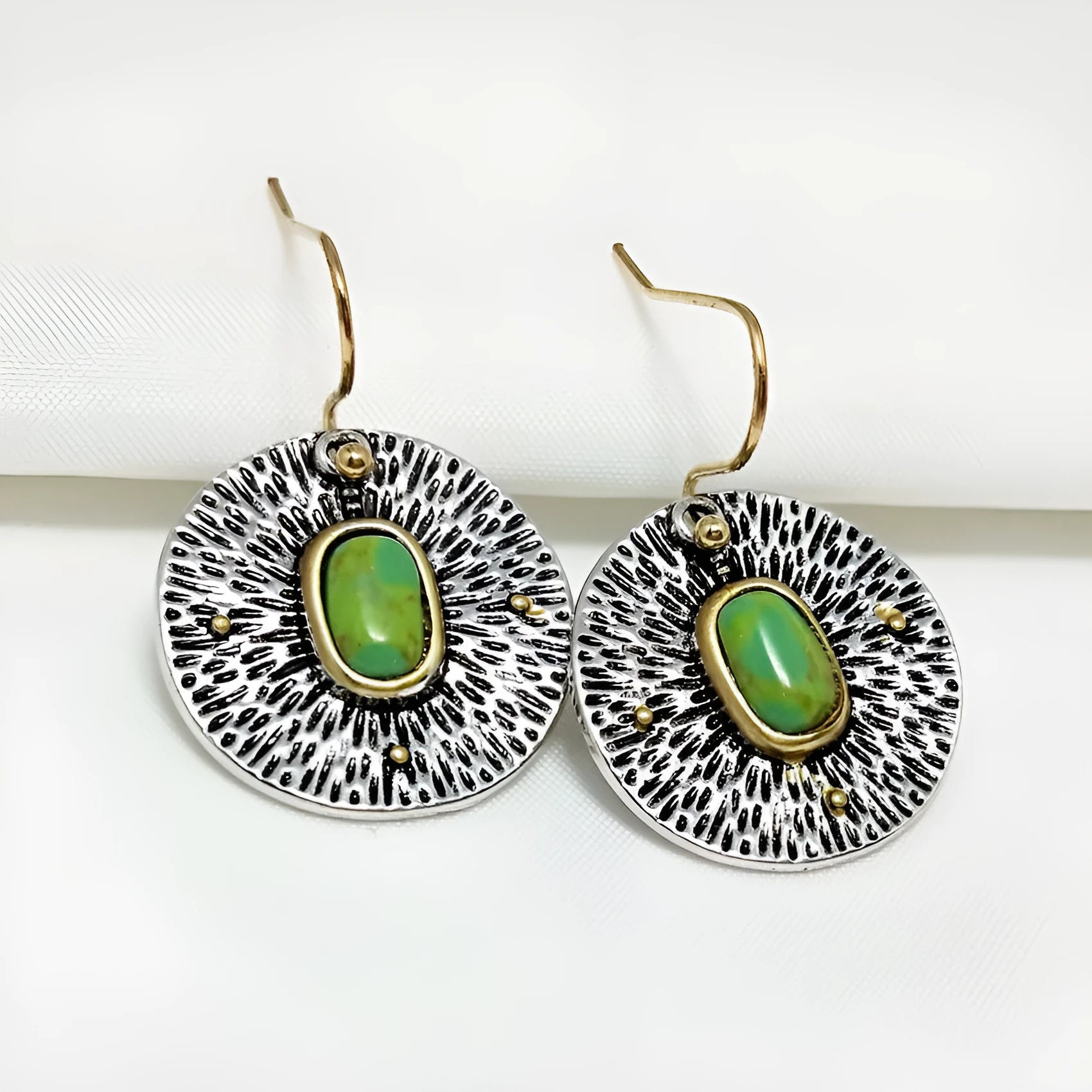 Retro turquoise and antique silver earrings with colour separation on alloy electroplated base