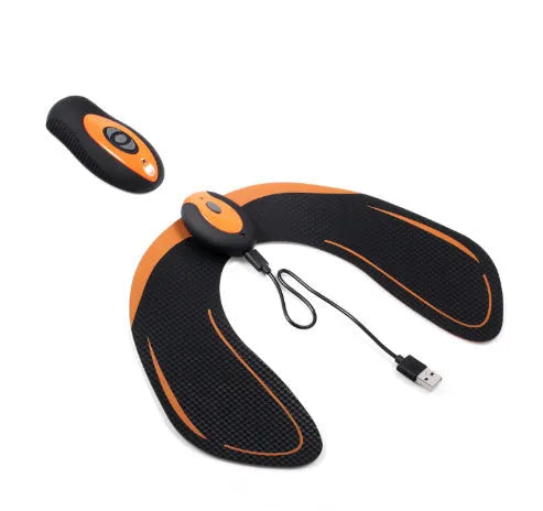 Compact black EMS muscle stimulator unit with conductive gel pads for abdominal and buttock toning