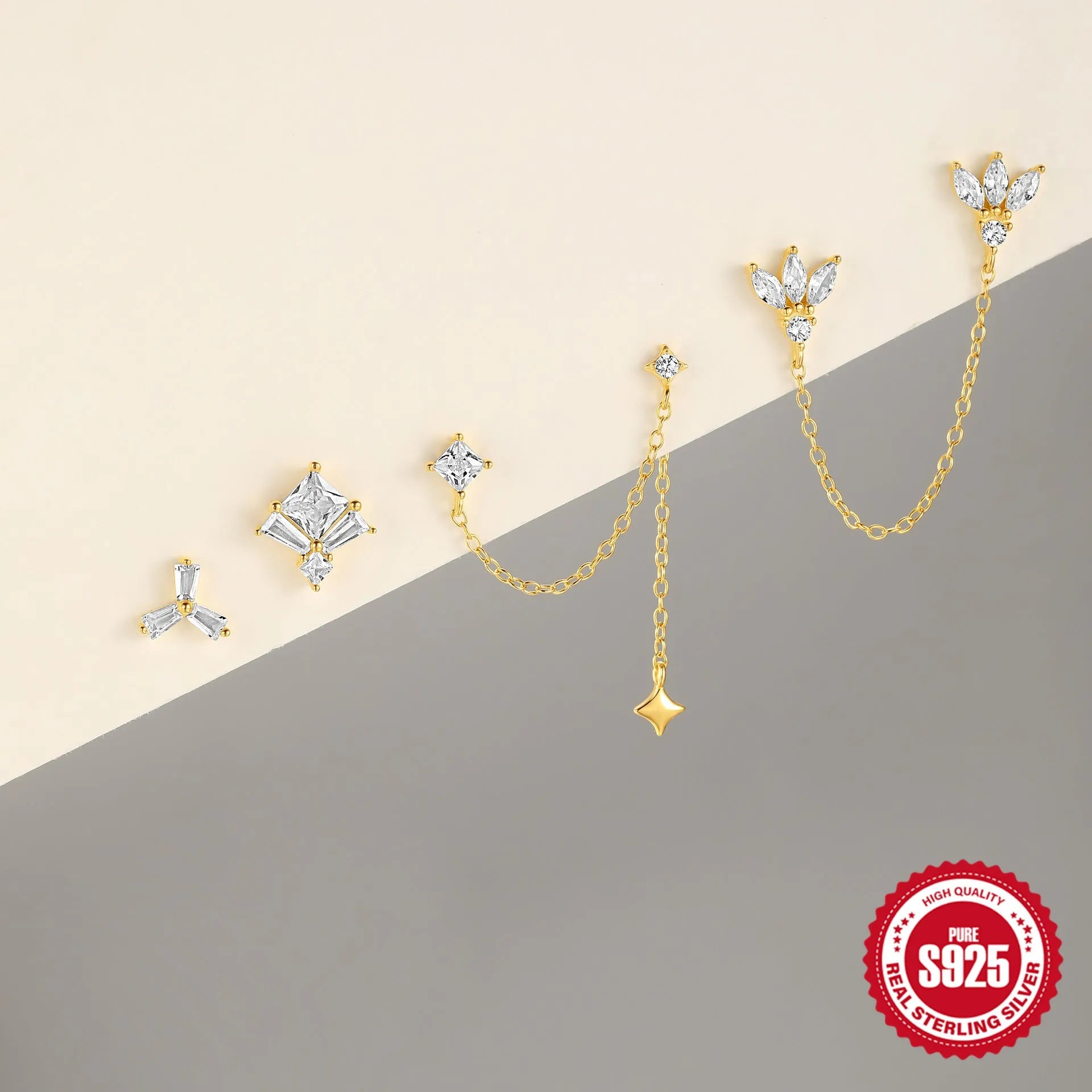 S925 sterling silver double ear piercing stud earrings with zircon stones in gold tone clover, crown, and chain horse eye designs.