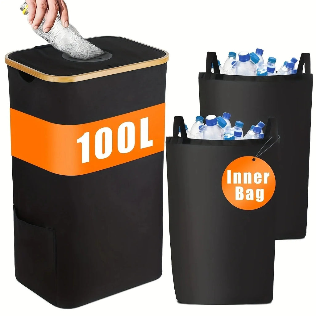 Black bamboo storage basket with removable lid, handle, and visible double inner pockets.