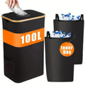 Black bamboo storage basket with removable lid, handle, and visible double inner pockets.