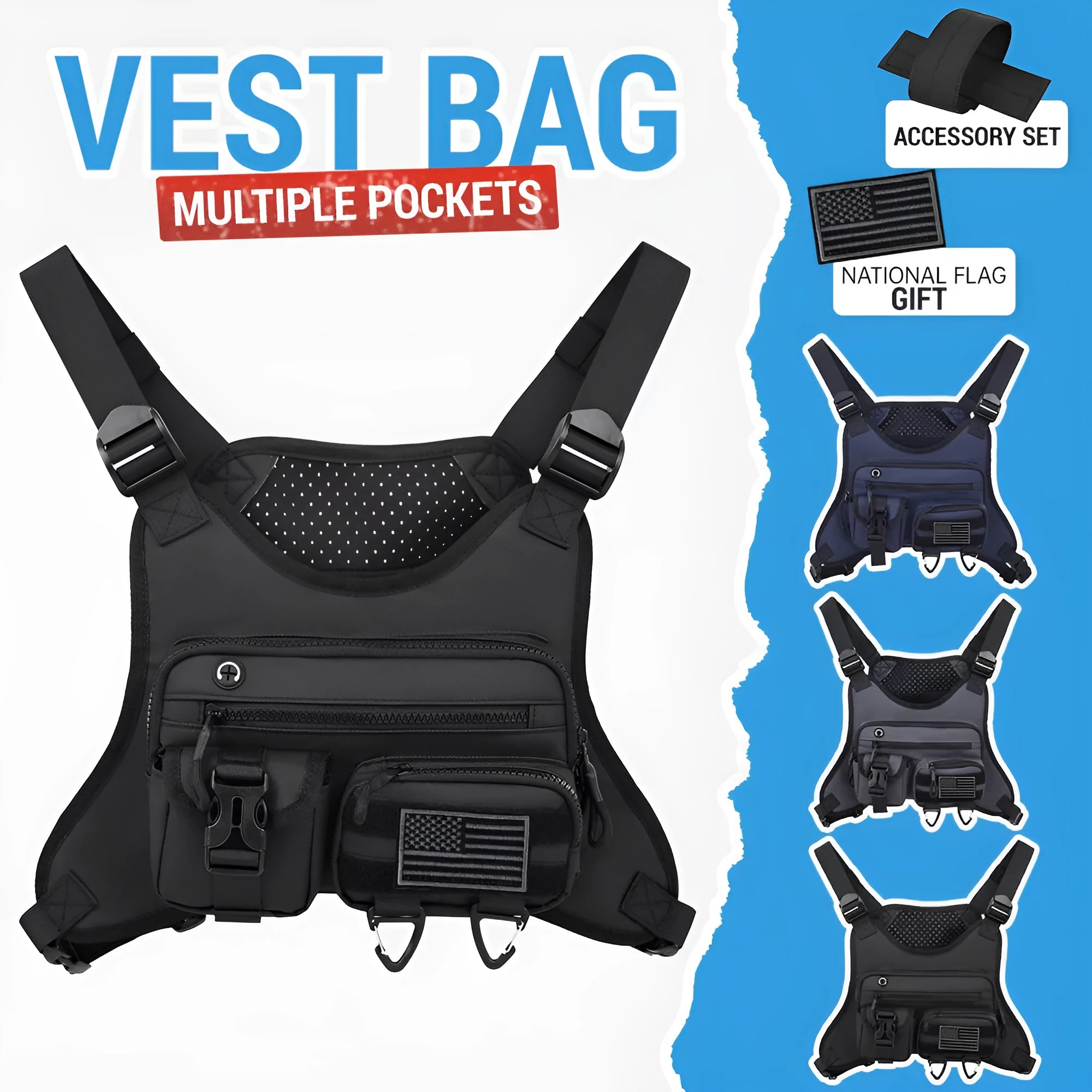 Black outdoor chest bag with adjustable straps, made from Oxford cloth with visible sewing lines.