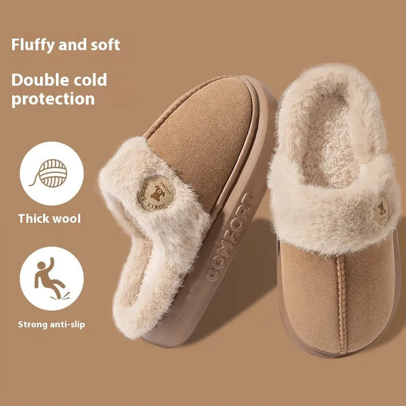 Plush fleece winter slipper with thick PVC sole, shown in khaki colour with car stitching detail.