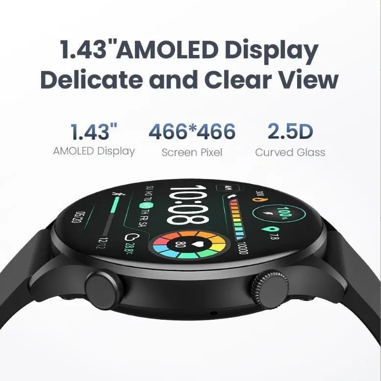 Black Bluetooth smartwatch with AMOLED display showing heart rate and call interface