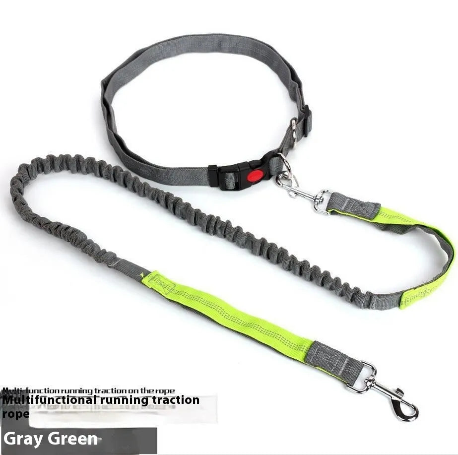 Outdoor running dog leash with night reflective filament sling and elastic adjustment in nylon construction