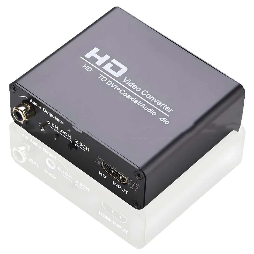 Black HDMI to DVI video converter with coaxial audio output port and attached 1.5 metre cable