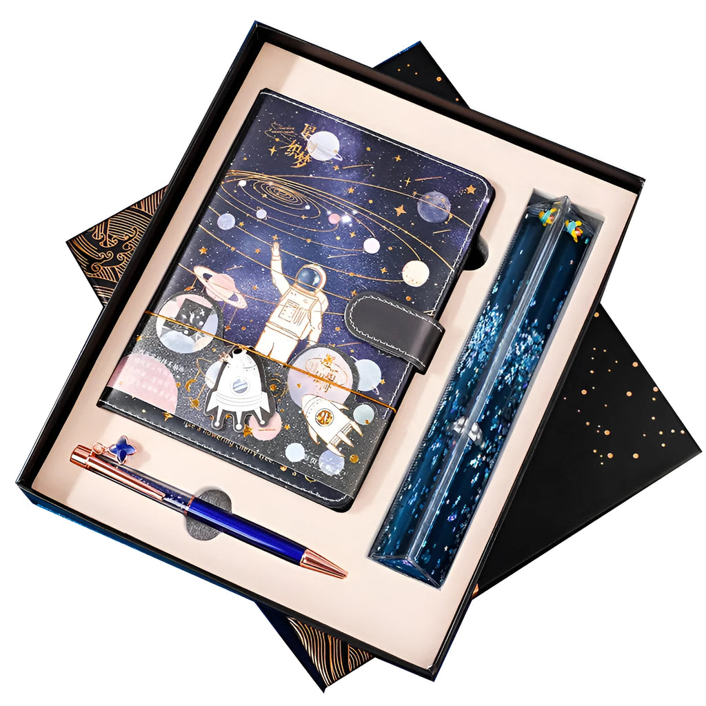 Galaxy Dream A5 notebook with cartoon astronaut design, gift box, and accessories.