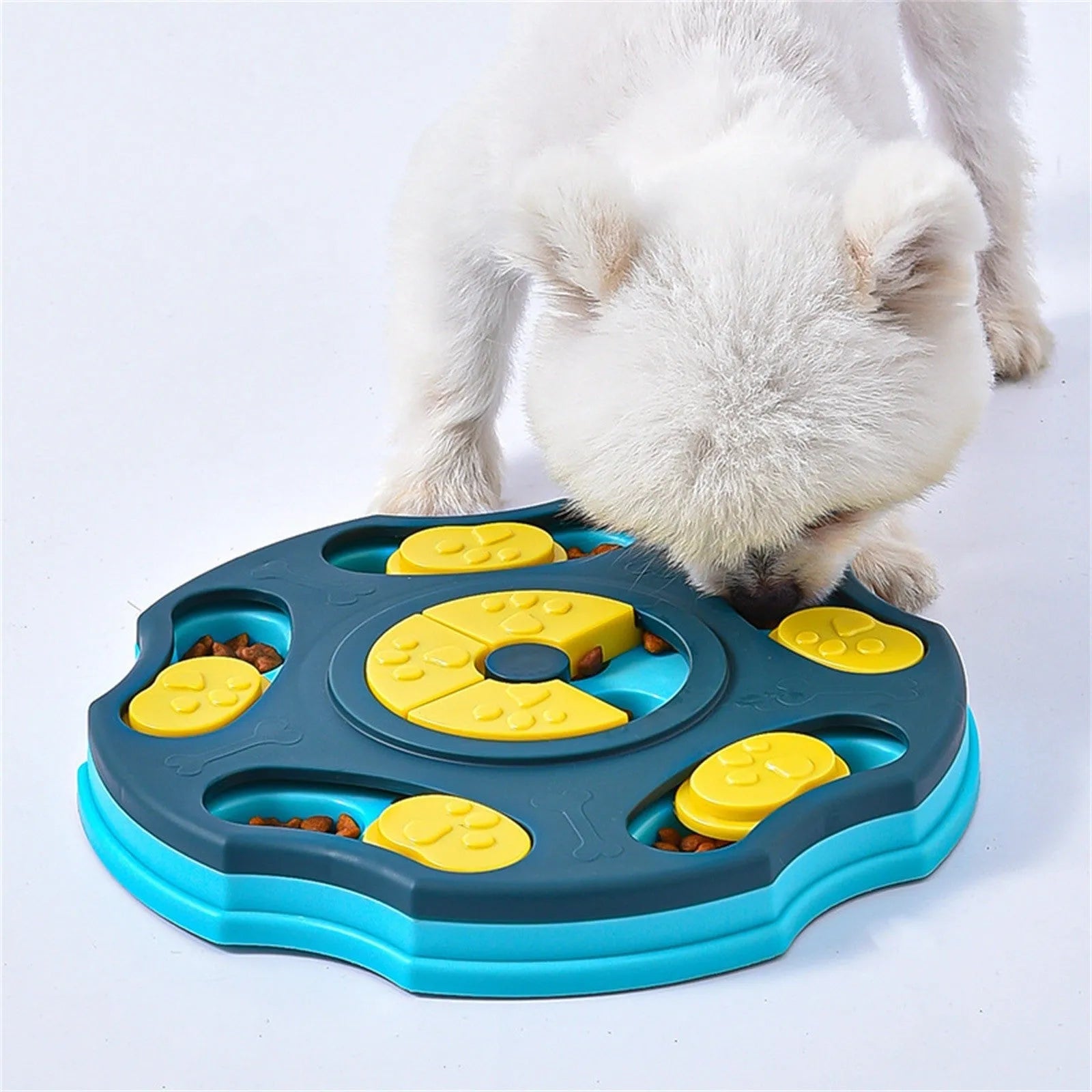 Blue and pink interactive dog puzzle feeder bowl for slowing fast eating and mental stimulation