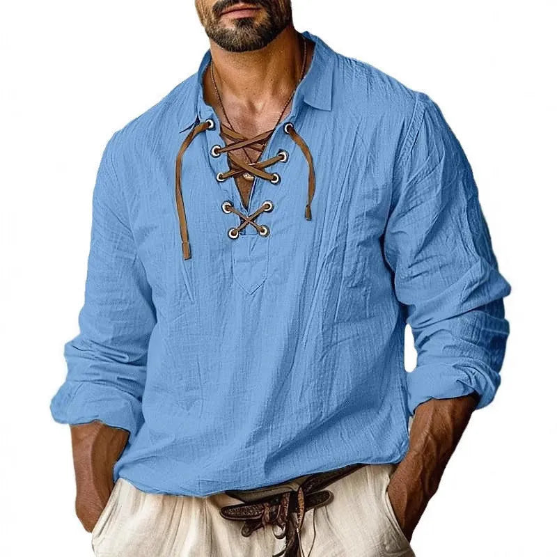 Men's solid colour linen blend shirt with lapels, lace details, and long sleeves in a loose plus-size fit.