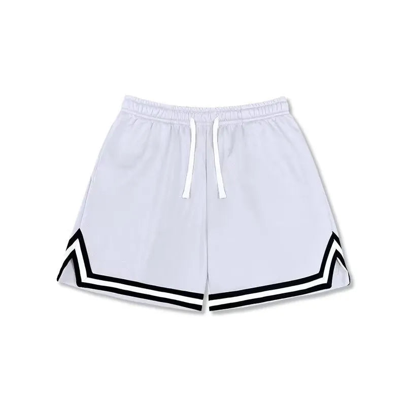 Men's loose-fit polyester sports shorts in various colours on a size chart.
