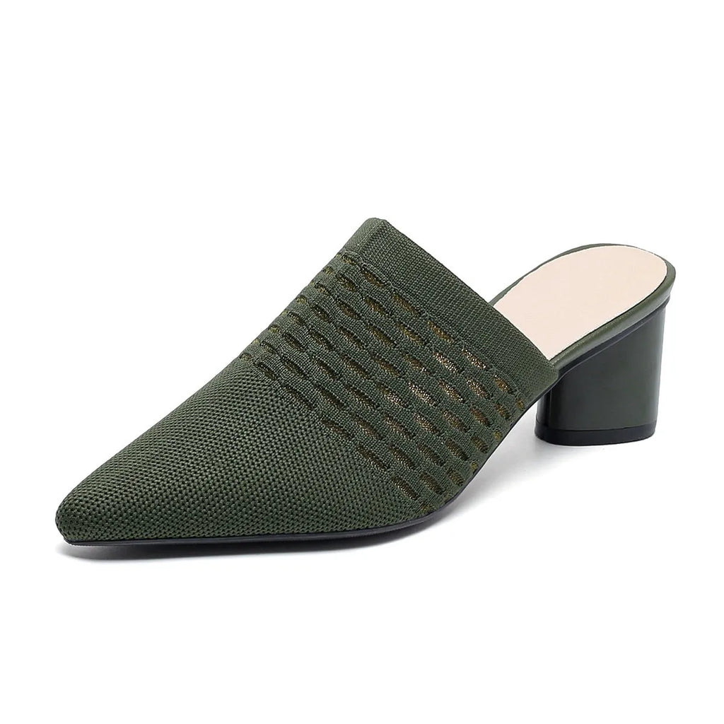 Women's black pointed toe sandals with decorative toe cap and 5cm chunky heel on a white background.