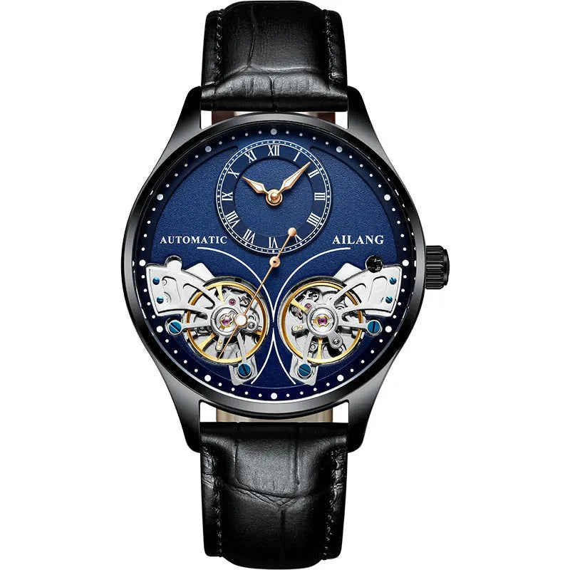 Men's automatic watch with tourbillon, moon phase, black steel case, and transparent back showing Seiko movement.