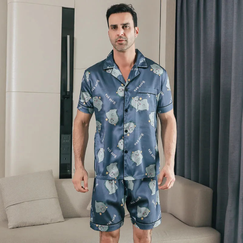 Men's ice silk short sleeve pyjamas set cardigan style in picture colour