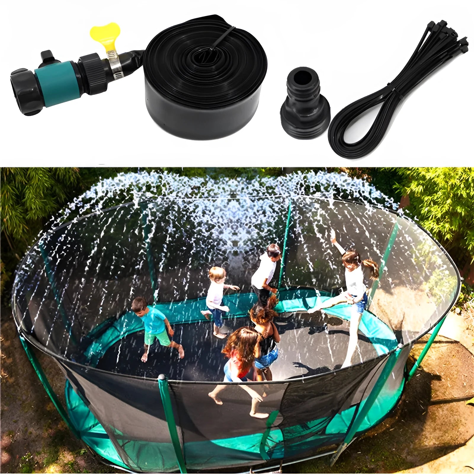 Blue and orange portable plastic garden sprinkler on a lawn with PVC switch.