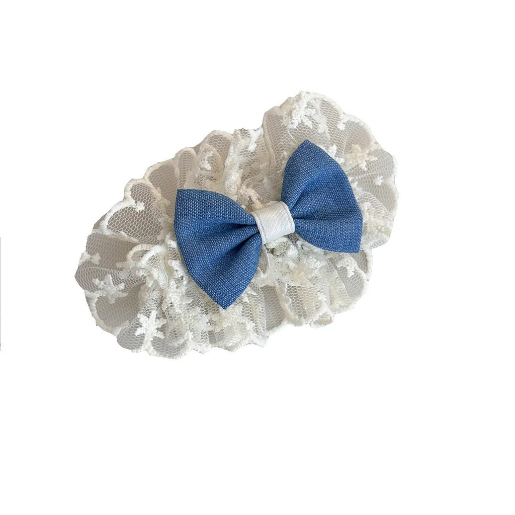 Handcrafted lace denim blue bow barrettes hairpin with beige lace and ribbon decoration