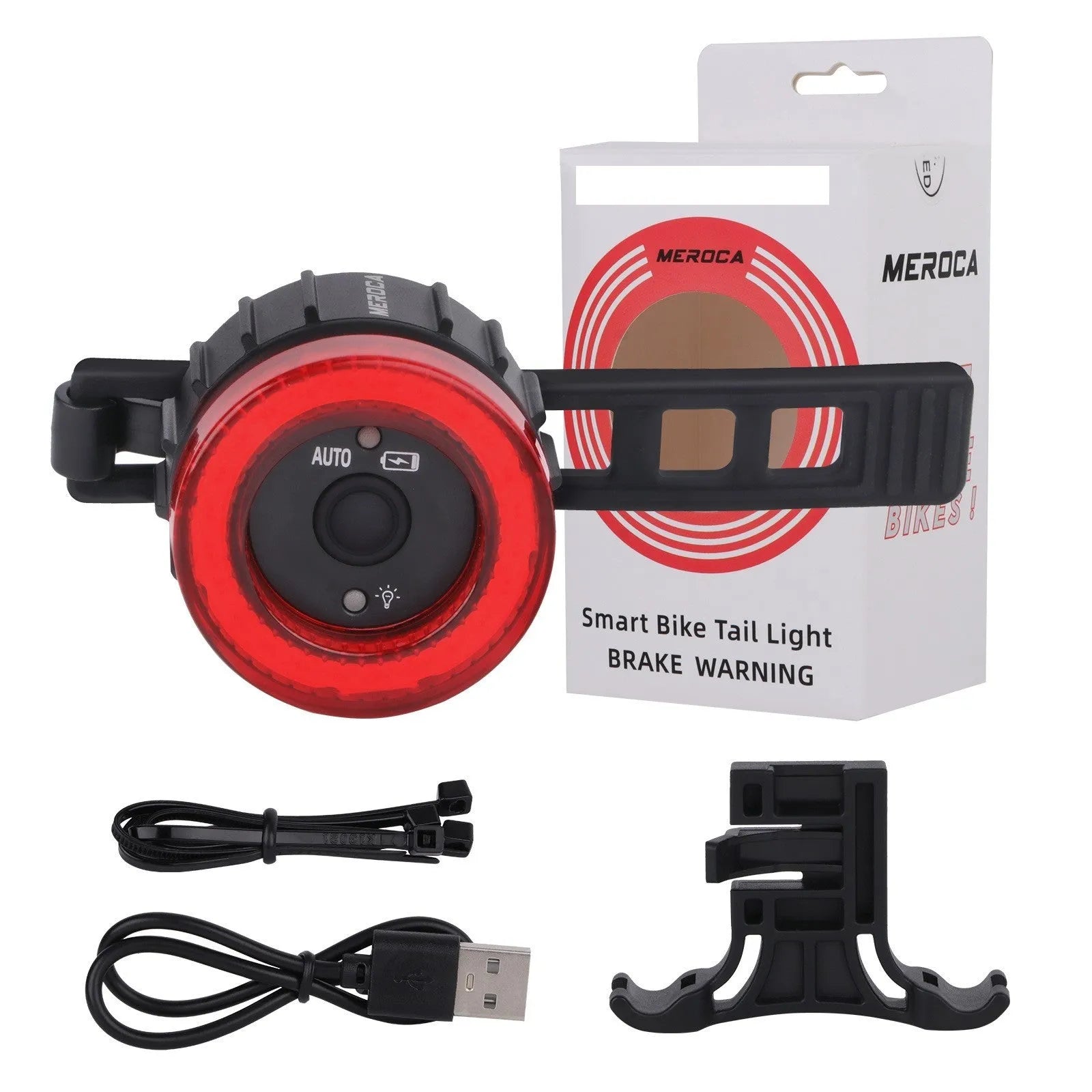 Black intelligent induction brake taillight for bicycles with aluminium alloy casing and mounting brackets.
