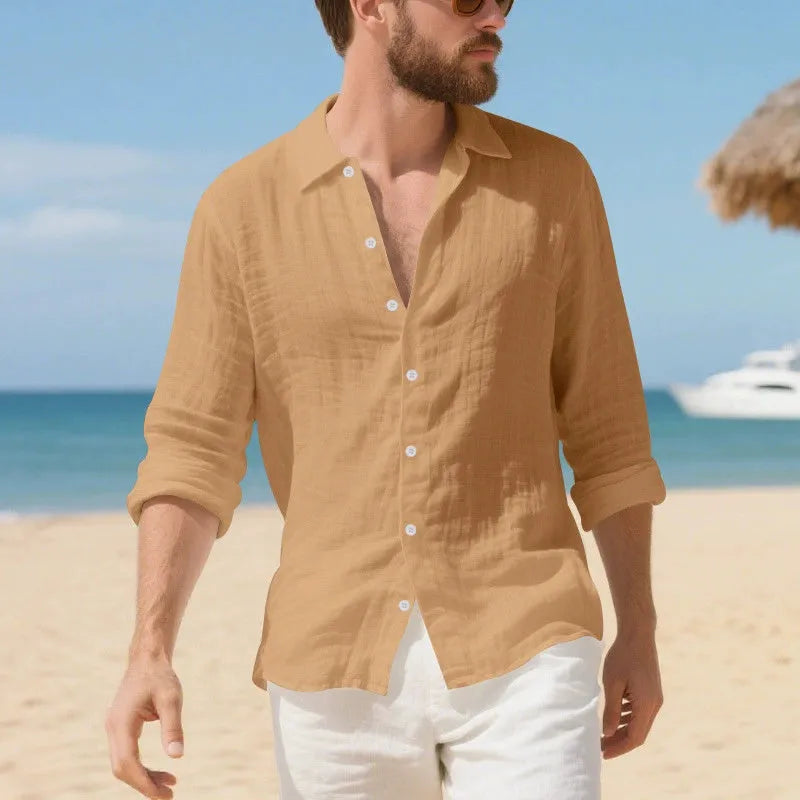 Man wearing a relaxed-fit light blue linen casual shirt with a non-iron finish
