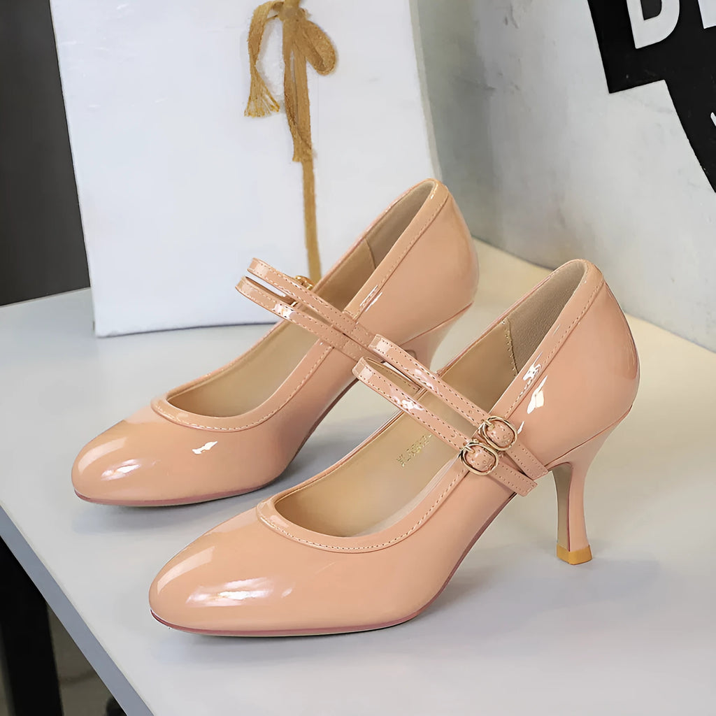 Slender heel round toe shallow double buckle Mary Jane shoes in solid colour with rubber sole