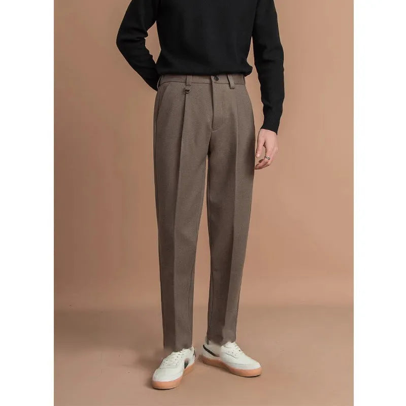 Men's straight-leg trousers in polyester with draped detail, shown in black, dark grey, khaki or brown.