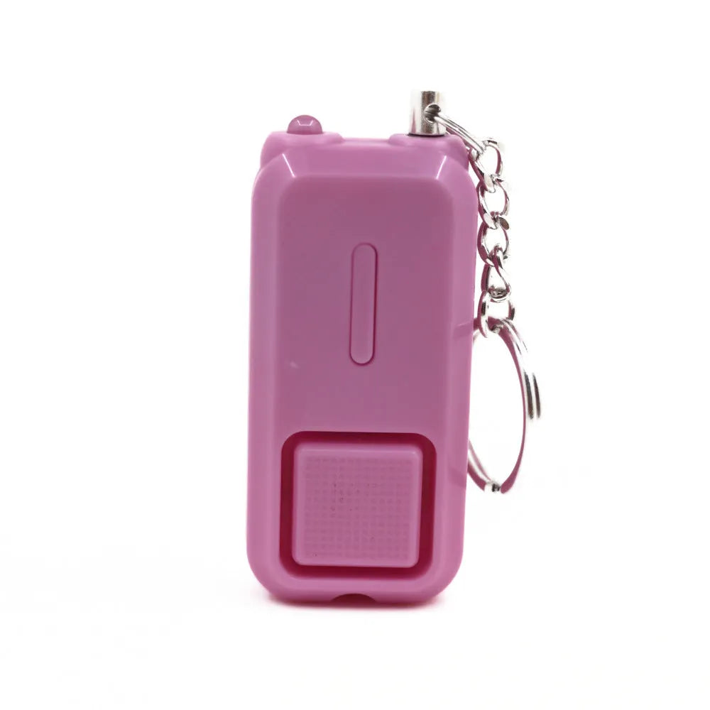 Compact pink personal security alarm showing dimensions and colour options