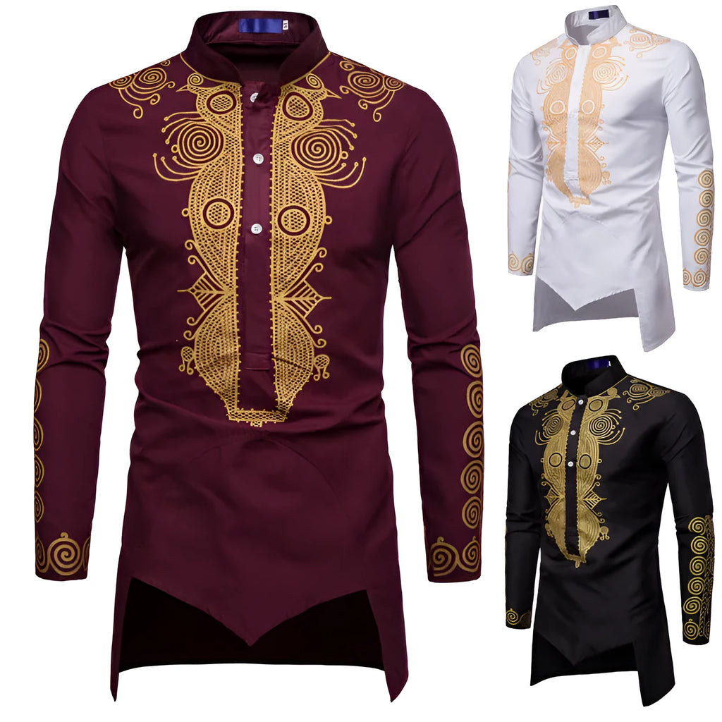 Men's African print long pullover hoodie in white with bronzing pattern, stand-up collar, and long sleeves