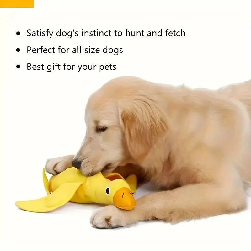 Yellow teddy duck dog toy with squeaker and treat compartment for training and dental care