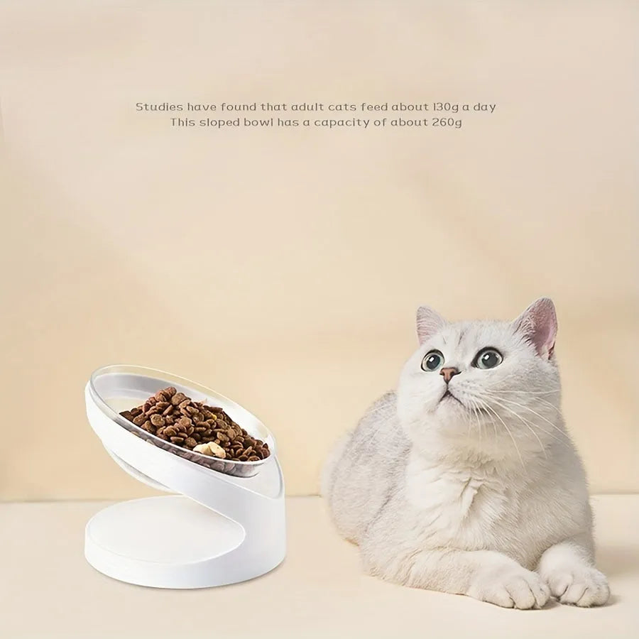 White clear plastic elevated cat food bowl with anti-vomit tilt design on stable base