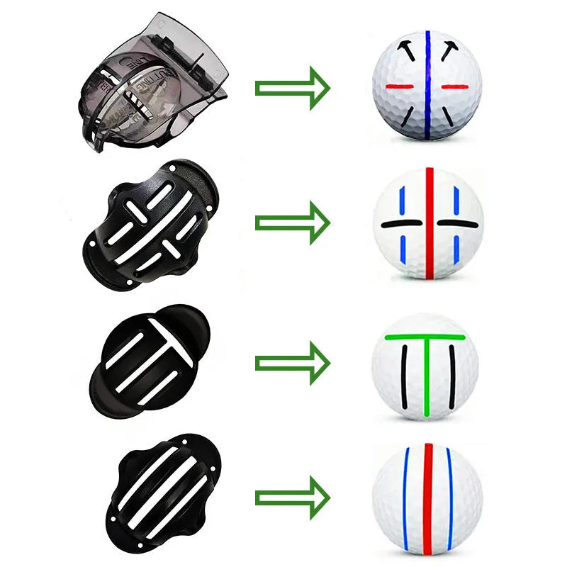 Outdoor golf scriber putter alignment tool set showing four plastic scribers and four drawing pens.