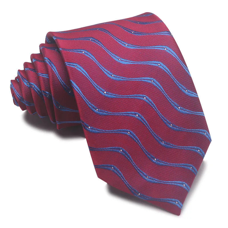 A man's striped formal tie in an arrow style, showing the jacquard texture and width of 7-8 cm.