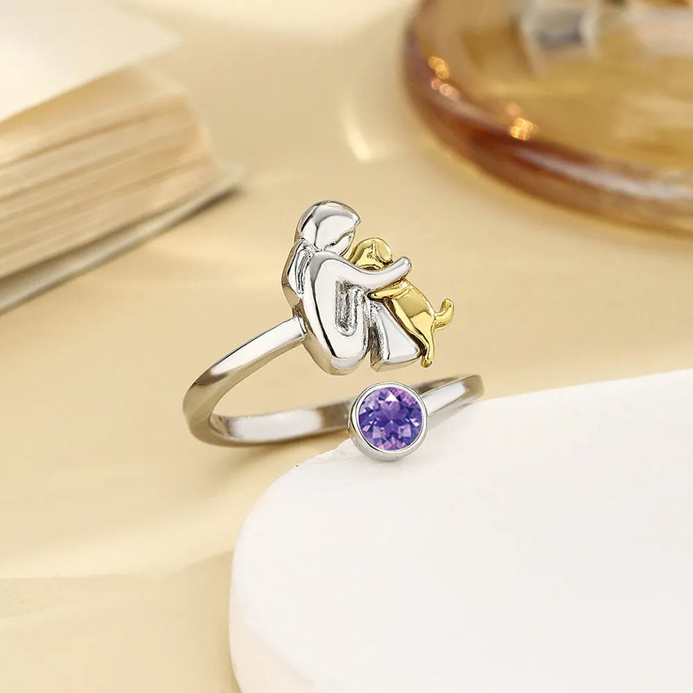 Adjustable birthstone open ring in zinc alloy with rhinestone detail and twelve month colour options