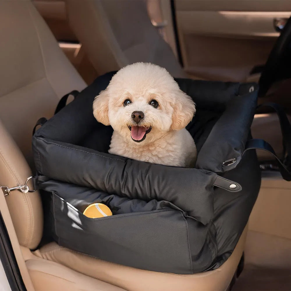 Green removable washable dog car nest with waterproof PU base, shown in a car boot