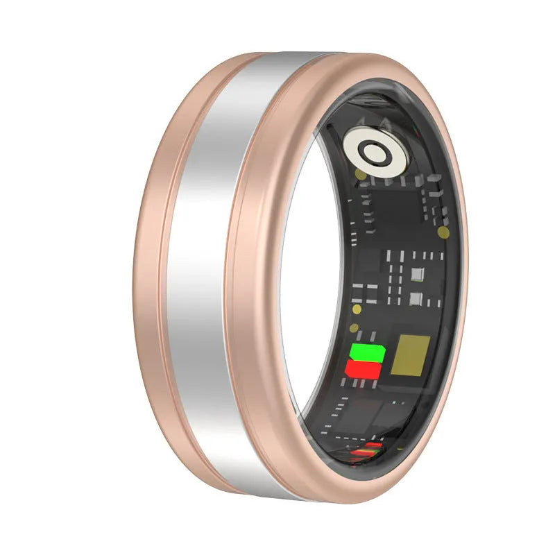 Rechargeable smart ring in gold for health monitoring with heart rate sleep and step tracking