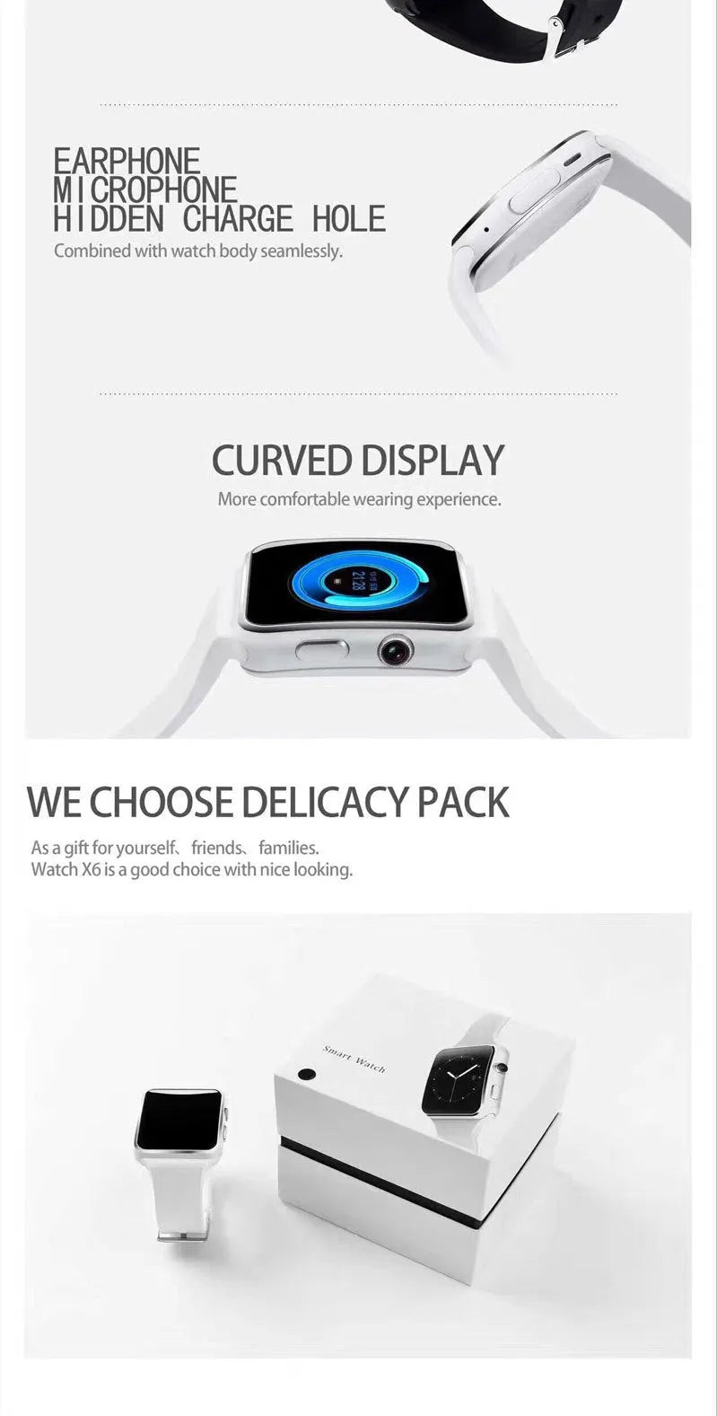 Smart watch with 1.54 inch IPS display and silicone strap in black, gold or white